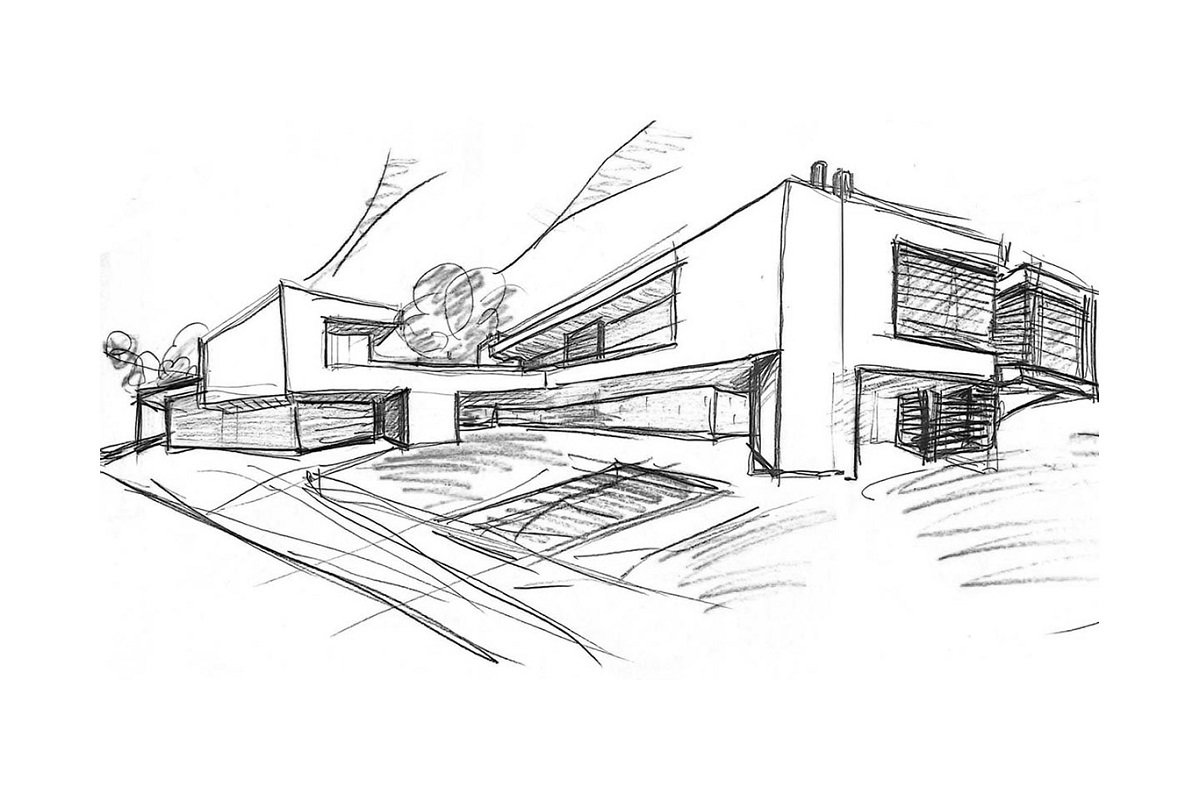 casa-moderna-in-acciaio-con-piscina-sketch casa-moderna-in-acciaio-con-piscina-sketch
